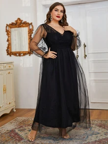 Plus Size Contrast Lace And Mesh Dress - Black - View 6