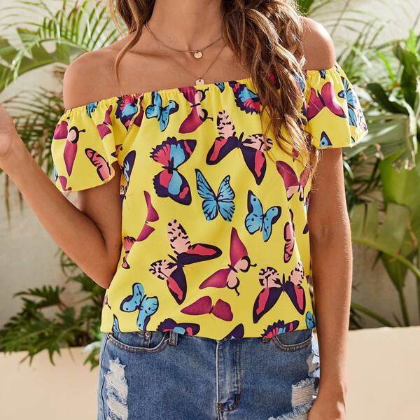 

Off-shoulder Butterfly Print Blouse, Multicolor