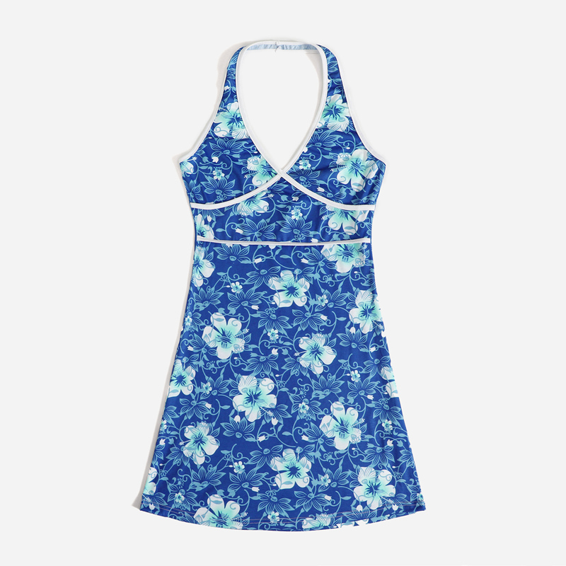 

Floral Print Halter Ringer Dress, Blue