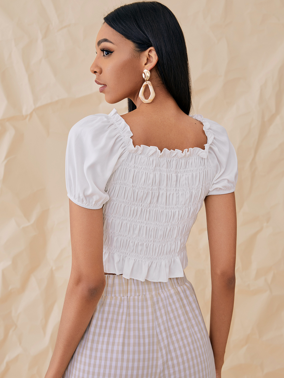 Drawstring Ruched Ruffle Hem Top