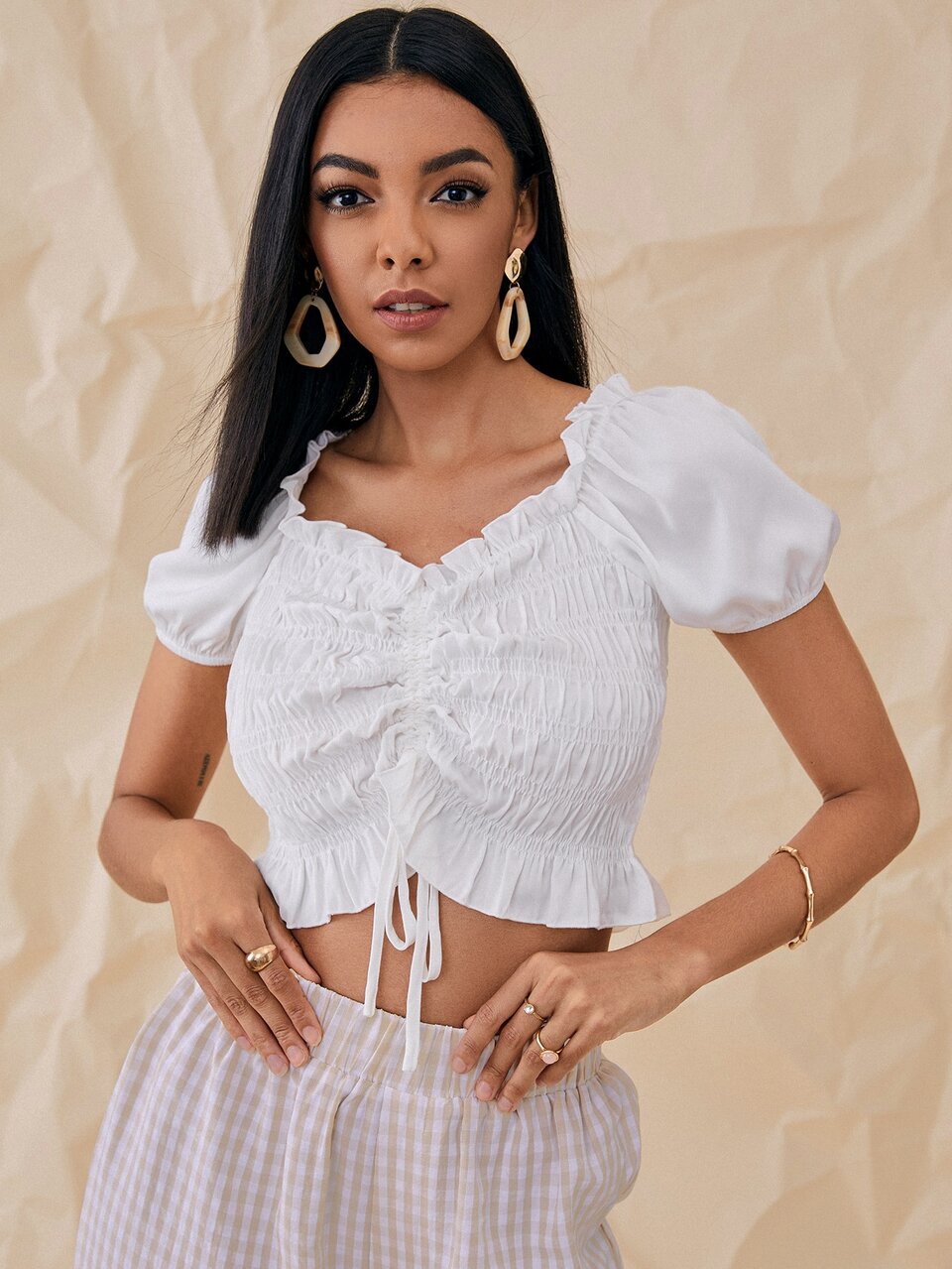 Drawstring Ruched Ruffle Hem Top