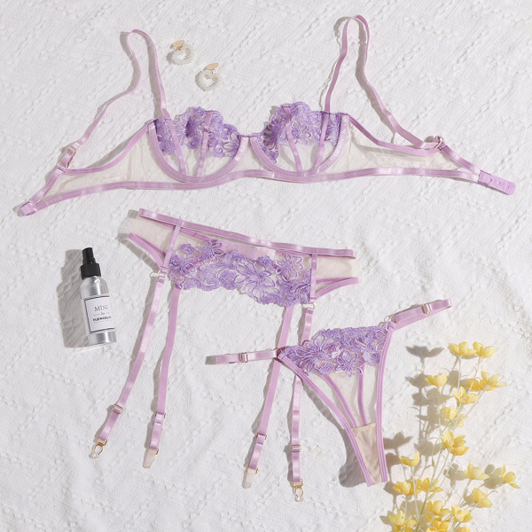 

Embroidered Mesh Underwire Garter Lingerie Set, Purple