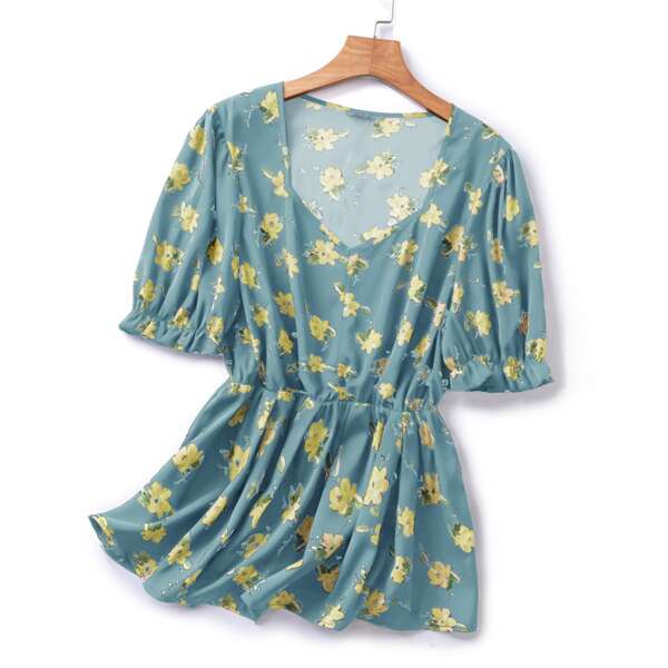 

Plus Floral Print Sweetheart Neck Peplum Blouse, Cadet blue
