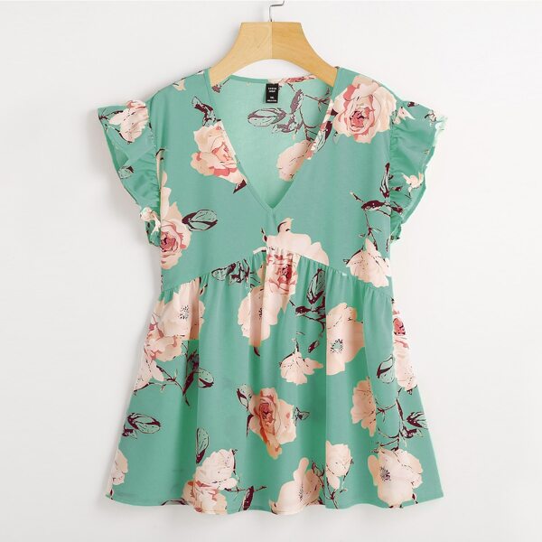 

Plus Floral Print Ruffle Trim Blouse, Green