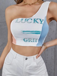SHEIN Unity Letter Graphic One Shoulder Stitch Trim Crop Top - Multicolor - View 1