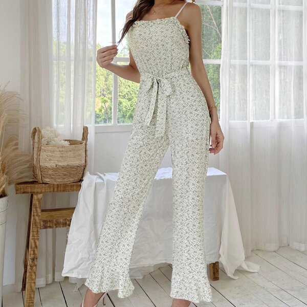 

Ruffle Hem Belted All Over Print Jumpsuit, Beige