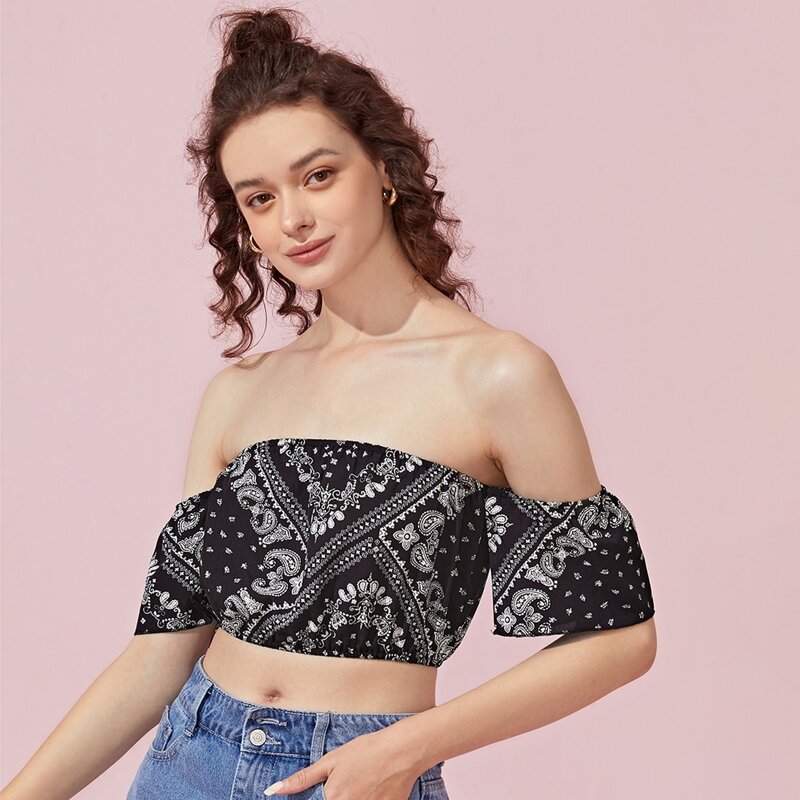

Off The Shoulder Paisley Crop Top, Black
