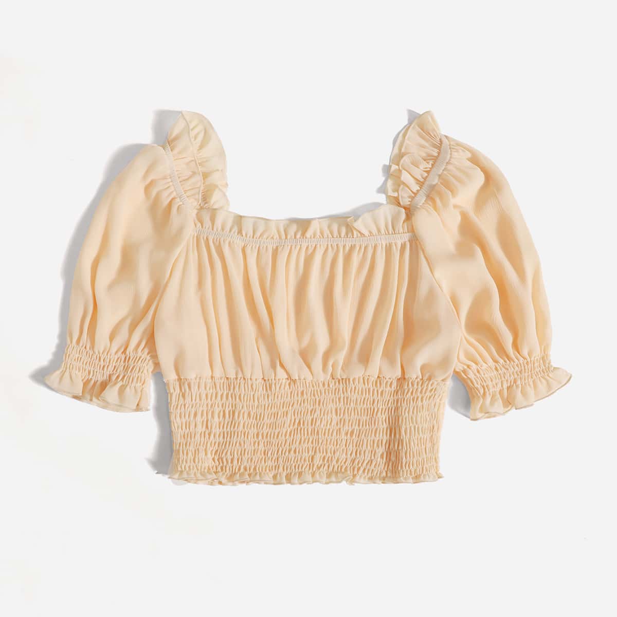 

Solid Shirred Crop Blouse, Beige