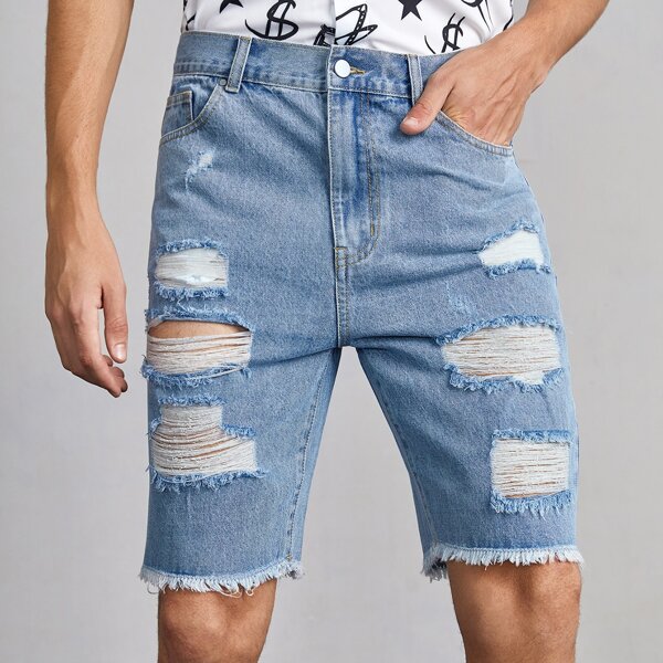 

Men Ripped Raw Hem Bermuda Denim Shorts, Light wash
