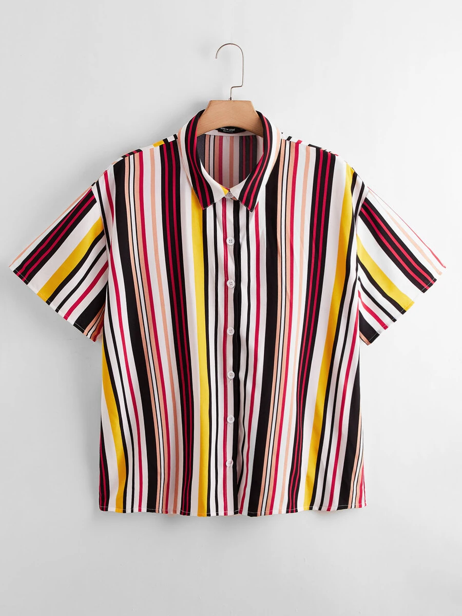 Plus Striped Button Through Shirt - Multicolor - View 1