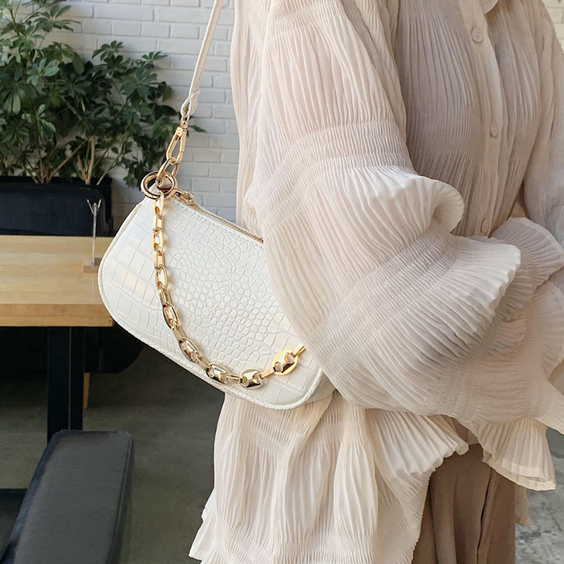 

Croc Embossed Chain Baguette Bag, White