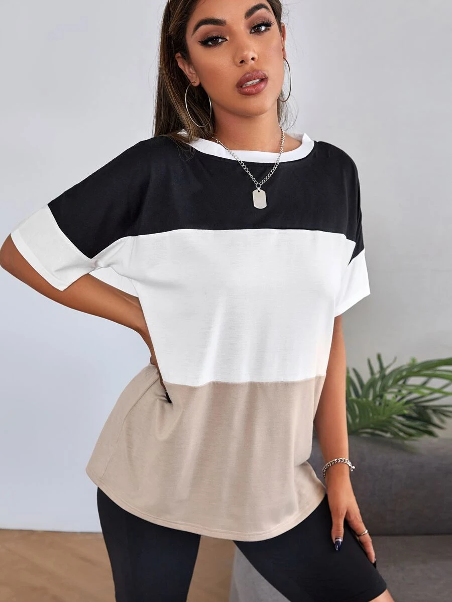 SHEIN Essnce Colourblock Drop Shoulder Tee - Multicolor - View 1