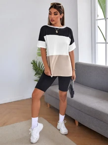 SHEIN Essnce Colourblock Drop Shoulder Tee - Multicolor - View 4