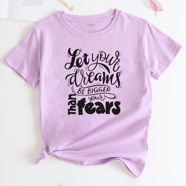 

Slogan Graphic Crew Neck Tee, Lilac purple
