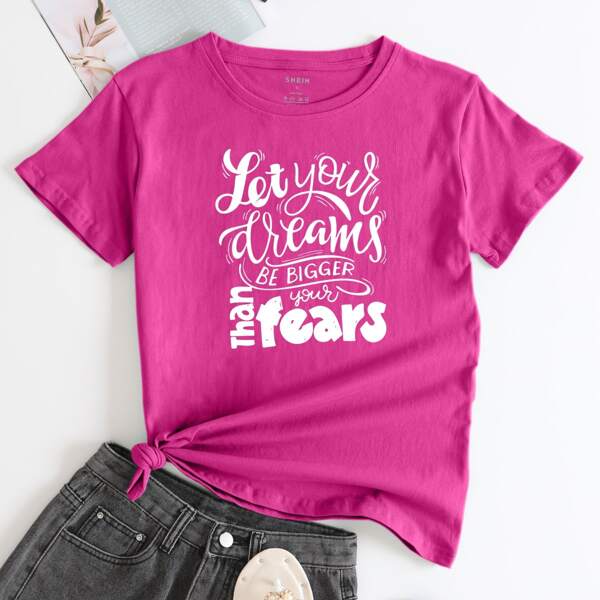 

Slogan Graphic Crew Neck Tee, Hot pink
