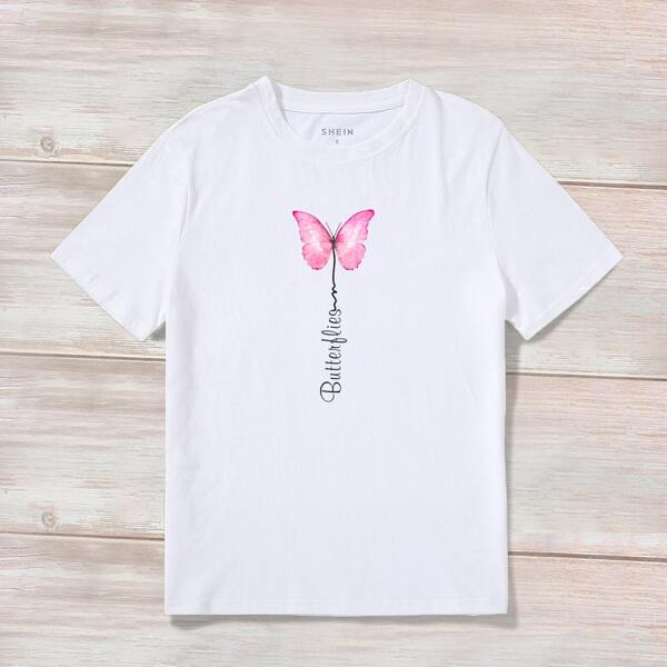 

Butterfly And Letter Graphic Tee, White