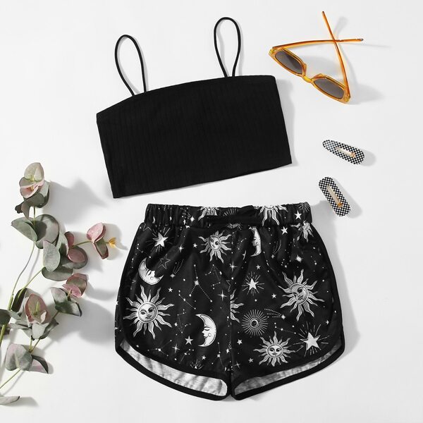 

Girls Rib-knit Crop Cami Top & Galaxy Print Shorts Set, Black and white