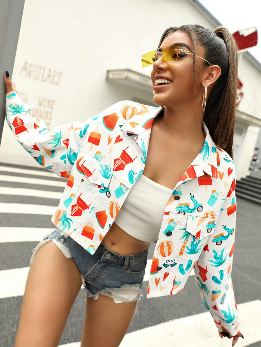 Meikearts Cazadora con solapa con estampado de dibujo - Blanco - Ver 1