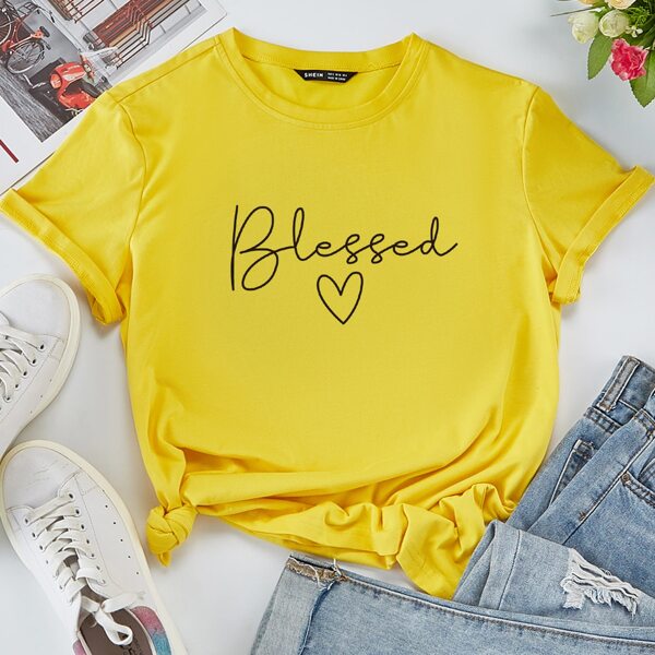 

Letter And Heart Print Round Neck Tee, Yellow