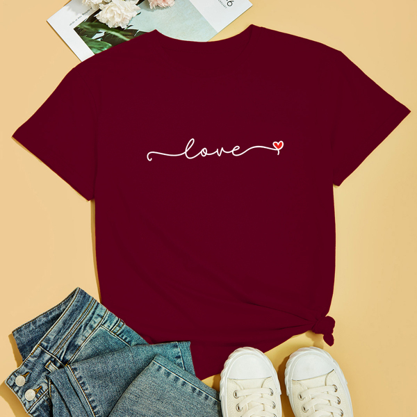 

Letter & Heart Print Short Sleeve Tee, Burgundy
