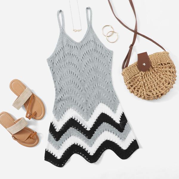 

Chevron Pattern Knitted Cover Up, Black