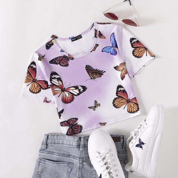 

Butterfly Print Crop Tee, Multicolor