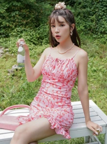 DAZY 植物圖案荷葉邊下擺吊帶連衣裙 - 粉色 - 查看 3