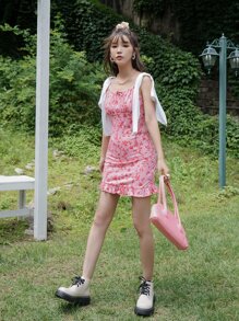 DAZY 植物圖案荷葉邊下擺吊帶連衣裙 - 粉色 - 查看 5