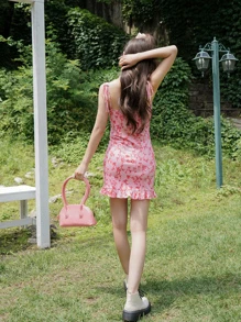 DAZY 植物圖案荷葉邊下擺吊帶連衣裙 - 粉色 - 查看 8