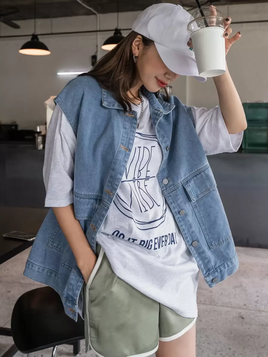 DAZY Chaleco De Mezclilla Con Botones En La Parte Delantera Y Bolsillos Con Solapa - Lavado ligero - Ver 1