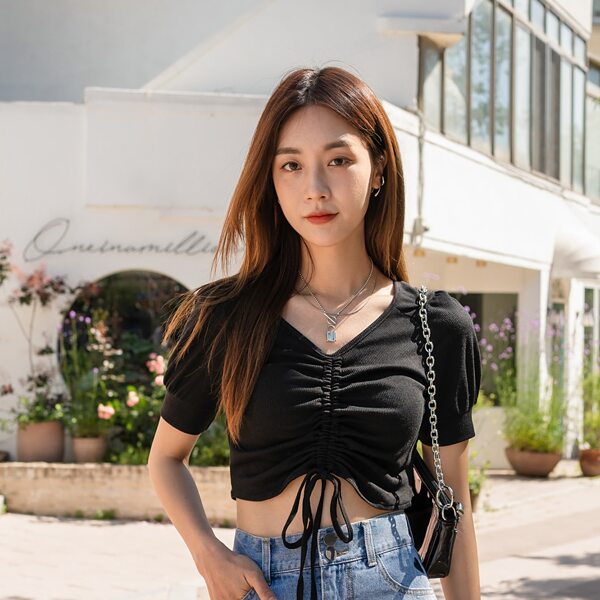 

Solid Drawstring Front Crop Tee, Black