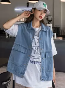 DAZY Chaleco De Mezclilla Con Botones En La Parte Delantera Y Bolsillos Con Solapa - Lavado ligero - Ver 6