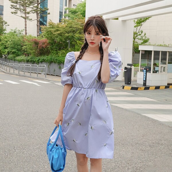 

Floral Embroidery Puff Sleeve Dress, Purple