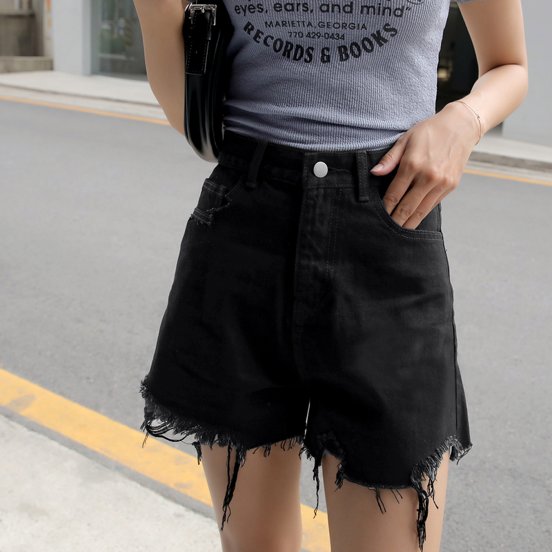 

Solid Raw Hem Denim Shorts, Black