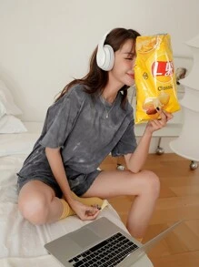 DAZY 紮染小褶邊睡衣套裝 - 深灰色 - 查看 3