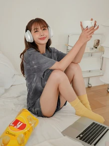 DAZY 紮染小褶邊睡衣套裝 - 深灰色 - 查看 5