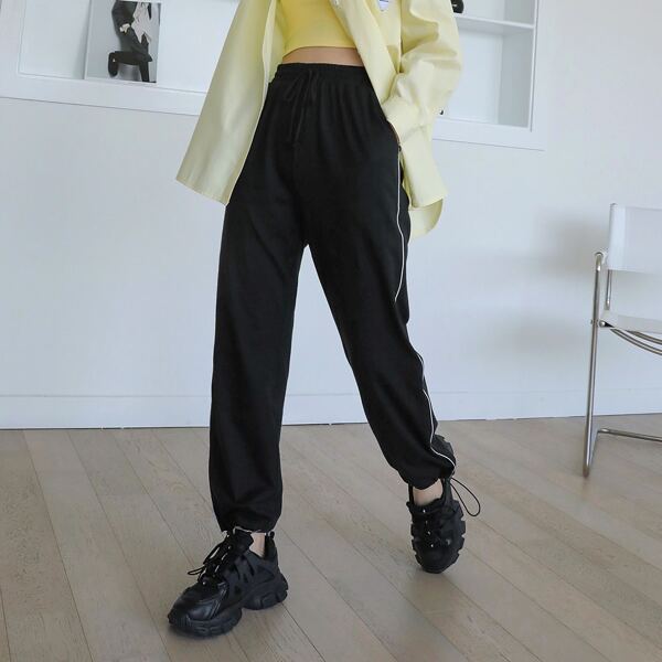 

Contrast Piping Drawstring Sweatpants, Black
