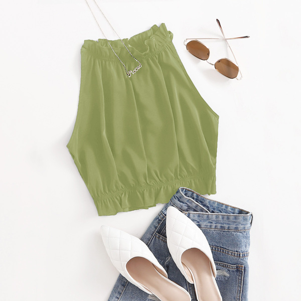 

Ruffle Trim Peekaboo Tie Back Halter Top, Olive green