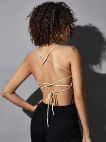 Top de tirantes tejido corto de espalda abierta con cordón - Beis - Ver 2
