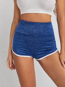 SHEIN EZwear Wide Waistband Contrast Binding Marled Knit Shorts - Blue - View 3
