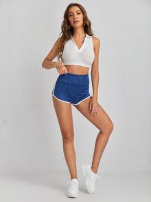 SHEIN EZwear Wide Waistband Contrast Binding Marled Knit Shorts - Blue - View 4