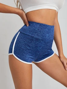 SHEIN EZwear Wide Waistband Contrast Binding Marled Knit Shorts - Blue - View 5