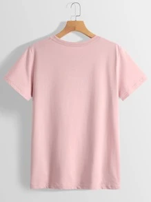 INAWLY 標語圖案小圓領T恤 - 淺粉色 - 查看 2