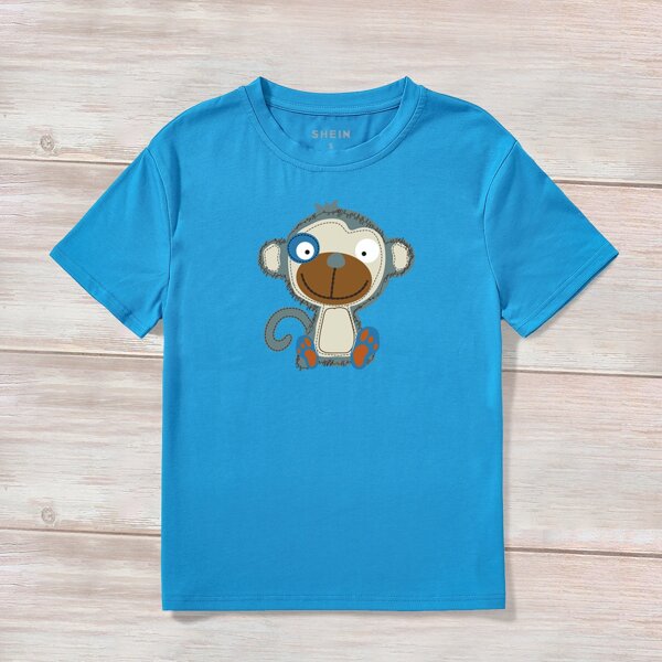 

Cartoon Monkey Print Tee, Blue