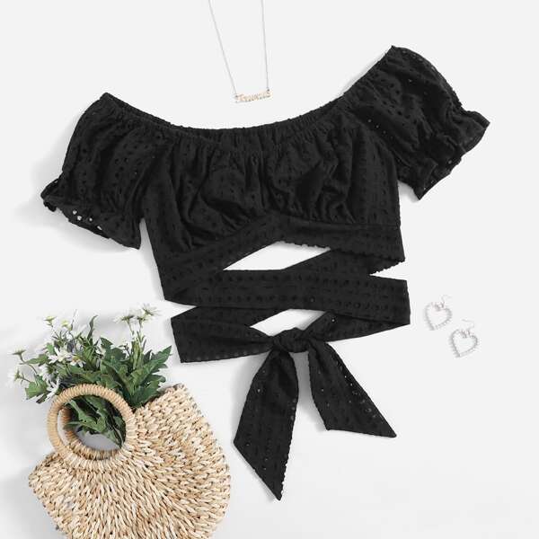 

Criss Cross Tie Front Schiffy Milkmaid Top, Black