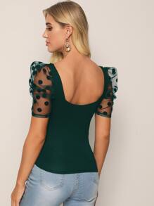 SHEIN Privé Áo thun Tương phản Mesh Chấm bi Thanh lịch - Màu xanh lá cây đậm - Xem 2