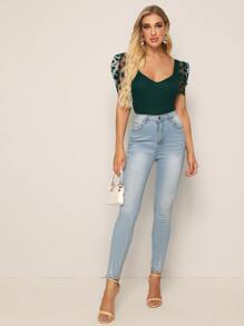 SHEIN Privé Áo thun Tương phản Mesh Chấm bi Thanh lịch - Màu xanh lá cây đậm - Xem 3