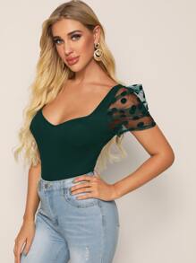 SHEIN Privé Áo thun Tương phản Mesh Chấm bi Thanh lịch - Màu xanh lá cây đậm - Xem 4