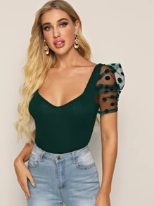 SHEIN Privé Áo thun Tương phản Mesh Chấm bi Thanh lịch - Màu xanh lá cây đậm - Xem 5