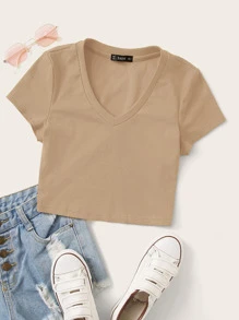 SHEIN EZwear T-shirt Rib-Knit Plain Casual - Khaki - View 1
